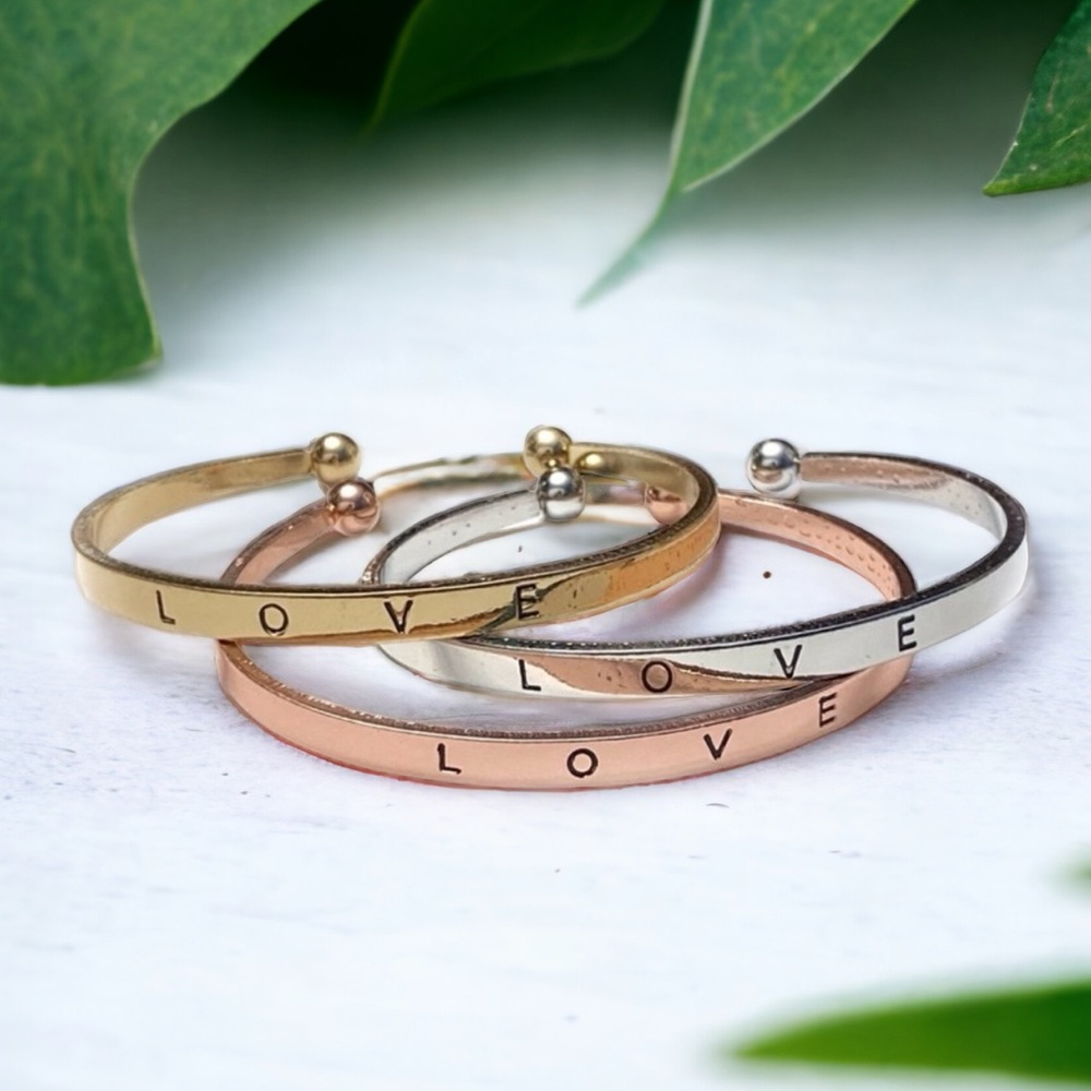 3/$20 Love Bracelets Triple Stacking Stamped Word Metal Cuffs Tri Color